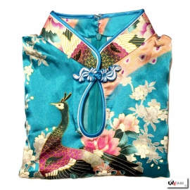 Robe goutte courte imprimé FLEURS & PAON bleu turquoise