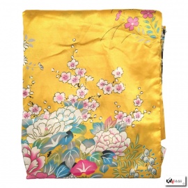 Kimono court satiné imprimé FLEURS & PAON jaune orangé (90cm)