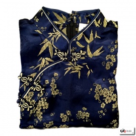 Robe chinoise (qipao 旗袍) longue BLEU MARiNE motif 3 AMiS OR (100% polyester)