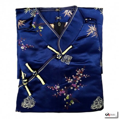 Robe chinoise (qipao 旗袍) longue BLEU MARiNE motif 3 AMiS OR (100% polyester)