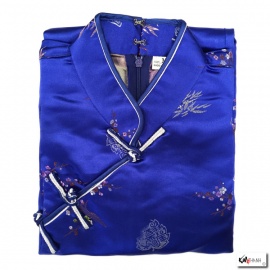 Robe chinoise (qipao 旗袍) longue BLEU ROi motif 3 AMiS OR (100% polyester)