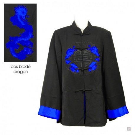 Veste chinoise doublée DRAGON BRODE bleu polyester