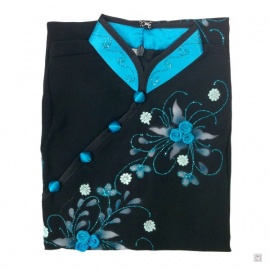 Ao-dai croisé enfant noir BRODé FLEURS sans manche bleu turquoise