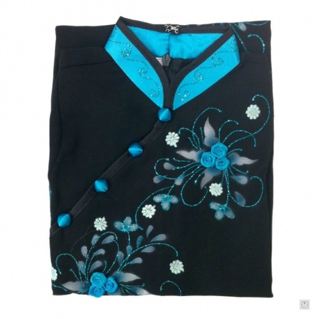 Ao-dai croisé enfant noir BRODé FLEURS sans manche bleu turquoise [16229844]