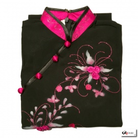 Ao-dai croisé enfant noir BRODé FLEURS sans manche fushia