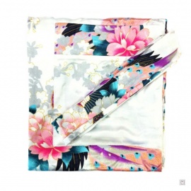 Kimono long satiné 2 poches imprimé FLEURS & PAON blanc (120cm)