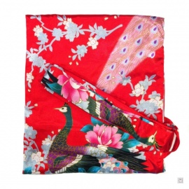 Kimono long satiné imprimé FLEURS & PAON rouge (120cm)