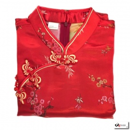 Chemisier brocard rouge motif 3 amis (50% soie & 50% polyester)