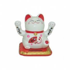 Maneki neko 招き猫 animé 100% solaire 2 PATTES (Bonheur et Richesse) 10cm blanc éventail