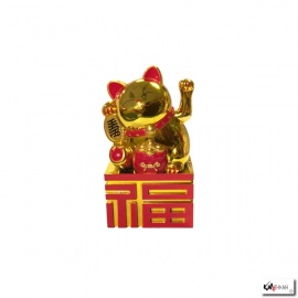 Maneki Neko 招き猫 animé sur socle Bonheur 10.5cm doré (nécessite 1 pile LR3 / AAA)