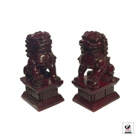 Chiens de Foo (石獅 : Protection) sur socle en résine marron (h17cm)