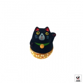 Culbuto Yurayura céramique et tissus japonais chirimen beige Chat MANEKi NEKO kero noir (h3.5cm)