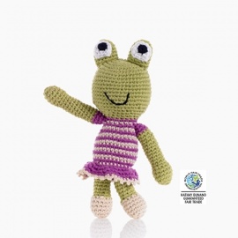 Hochet peluche GRENOUiLLE garçon en crochet fait main 100% coton (h18cm)