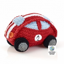 Hochet peluche VOiTURE de COURSE en crochet fait main 100% coton (h10cm)