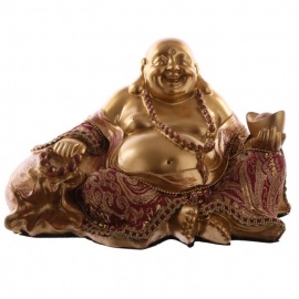 Bouddha HOTEi assis avec lingot en résine et tissus rouge et or (h12cm)