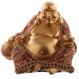 Bouddha HOTEi assis avec wulu en résine et tissus rouge et or (h9cm)