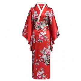 Kimono imprimé GRANdES FLEURS grand noeud rouge foncé