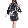Kimono court satiné imprimé FLEURS & PAON noir (90cm)