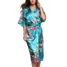 Kimono long satiné 2 poches imprimé FLEURS & PAON bleu turquoise (120cm)