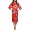 Kimono long satiné 2 poches imprimé FLEURS & PAON rouge (120cm)