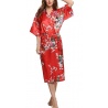 Kimono long satiné 2 poches imprimé FLEURS & PAON rouge (120cm)