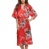 Kimono long satiné 2 poches imprimé FLEURS & PAON rouge (120cm)