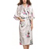 Kimono long satiné 2 poches imprimé FLEURS & PAON blanc (120cm)