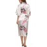 Kimono long satiné 2 poches imprimé FLEURS & PAON blanc (120cm)