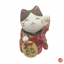 Maneki Neko 招き猫 KiMONO rouge en argile blanche (h10cm)