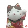 Maneki Neko YUKATA rouge en argile blanche (h10cm)