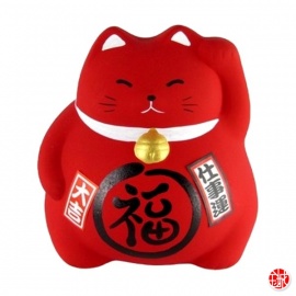 Tirelire Maneki neko DODU en argile blanche ROUGE (Santé) h8cm