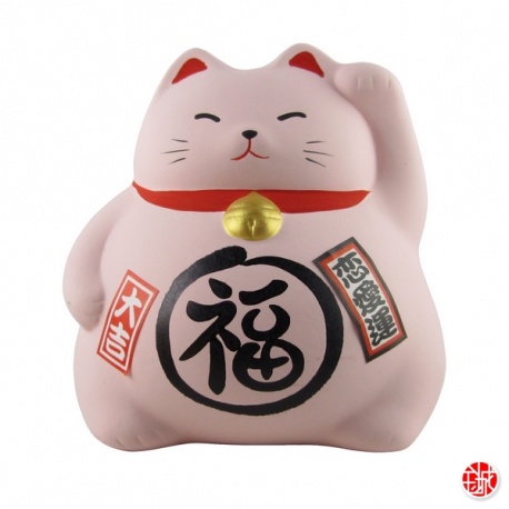 Tirelire Maneki neko DODU en argile blanche ROSE (Amour) h8cm