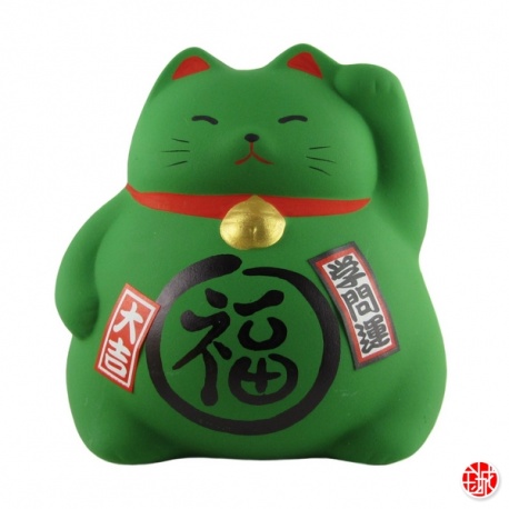 Tirelire Maneki neko DODU en argile blanche VERT (Travail) h8cm