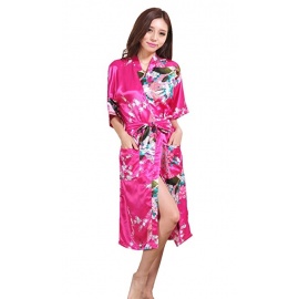 Kimono long satiné 2 poches imprimé FLEURS & PAON rose fushia (120cm)