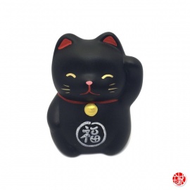 Maneki neko 招き猫 Petit RONd-RONd NOiR en argile (運 Chance) h5cm