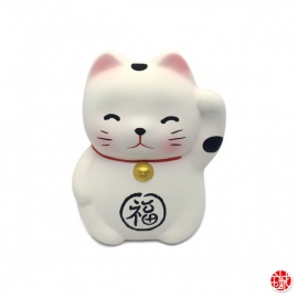 Maneki neko 招き猫 Petit RONd-RONd BLANC en argile (福 Bonheur) h5cm