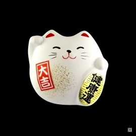 Maneki neko 招き猫 Petit DODU en argile BLANC (Bonheur) 5.5cm