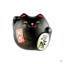 Maneki neko 招き猫 Petit DODU en argile NOiR (運 Chance) 5.5cm