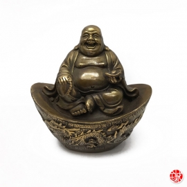 Bouddha de la prospérité Hotei 布袋 assis sur lingot Dragon et Phoenix en bronze (h10cm)