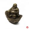 Bouddha de la prospérité Hotei 布袋 assis sur lingot Dragon et Phoenix en cuivre (h10cm)