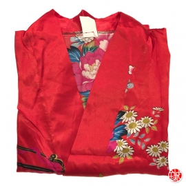 Kimono OBi court satiné imprimé GRANdES FLEURS rouge (90cm)