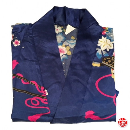 Kimono court satiné imprimé GRANdES FLEURS bleu roi (90cm)