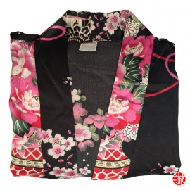 Kimono court satiné imprimé GRANdES FLEURS noir (90cm)