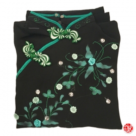 Ao-dai croisé enfant noir manches longues BRODé FLEURS vert foncé