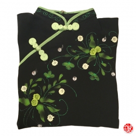 Ao-dai croisé enfant noir manches courtes BRODé FLEURS vert anis