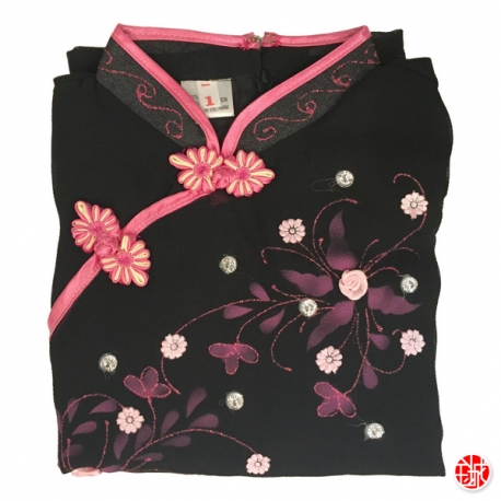 Ao-dai croisé enfant noir manches longues BRODé FLEURS rose