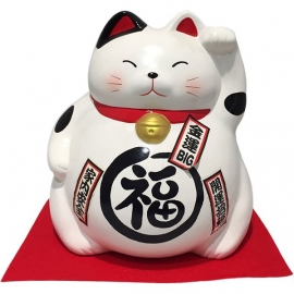 Tirelire Maneki neko 招き猫 BiG DODU en argile BLANC (福 Bonheur) h21cm