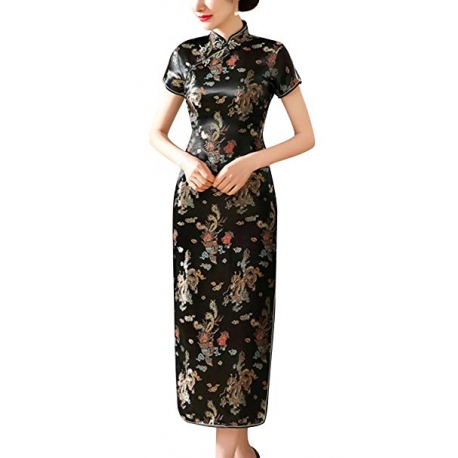 Robe chinoise (qipao 旗袍) longue NOiRE motif DRAGON et PhOENiX (100% polyester)