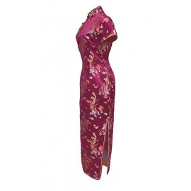 Robe chinoise (qipao 旗袍) longue ROUGE BORdEAUX motif DRAGON et PhOENiX (100% polyester)