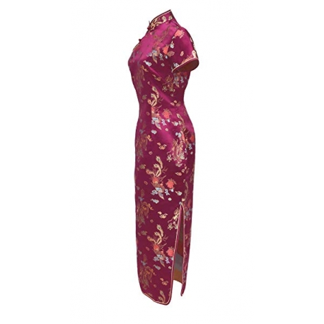 Robe chinoise (qipao 旗袍) longue ROUGE BORdEAUX motif DRAGON et PhOENiX (100% polyester)